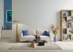 Modern living room with minimalist decor, blue accents, and wooden furniture. -home improvement services