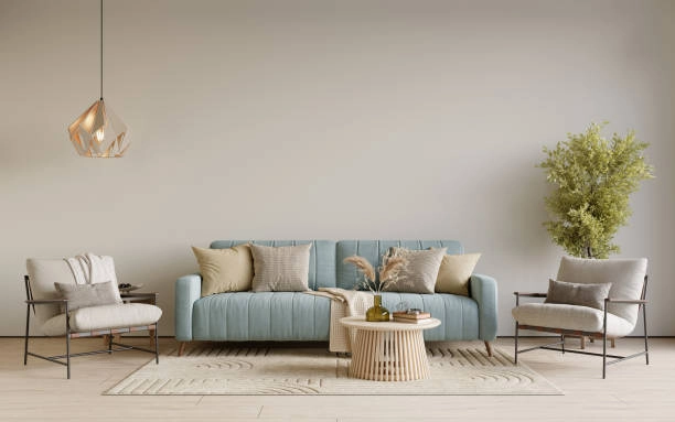 Minimalist living room with light blue sofa, neutral tones, and plants. -home improvement services