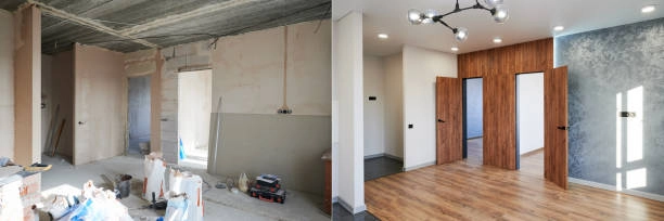 Side-by-side comparison of a room under construction and the completed version. -house renovation before and after