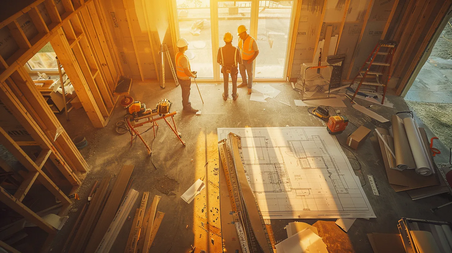 a brightly lit construction site in las vegas showcases a diverse team of contractors collaborating on a home renovation project, with blueprints and tools strategically arranged to emphasize a theme of efficient budgeting and quality craftsmanship.