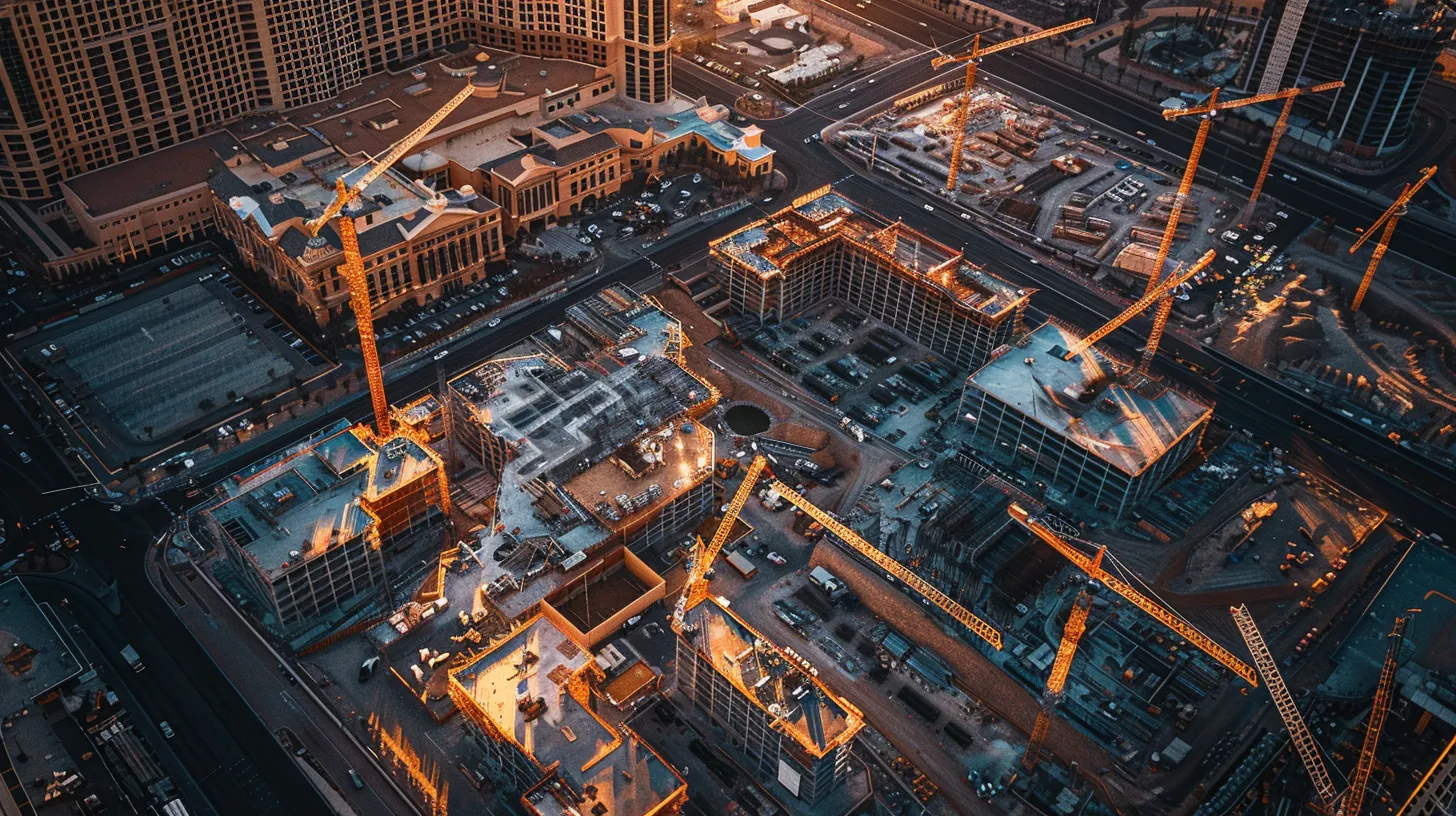 a dynamic aerial view of a bustling las vegas construction site, showcasing a modern general contractor overseeing a vibrant renovation project amidst the iconic skyline, illuminated by golden sunset light.