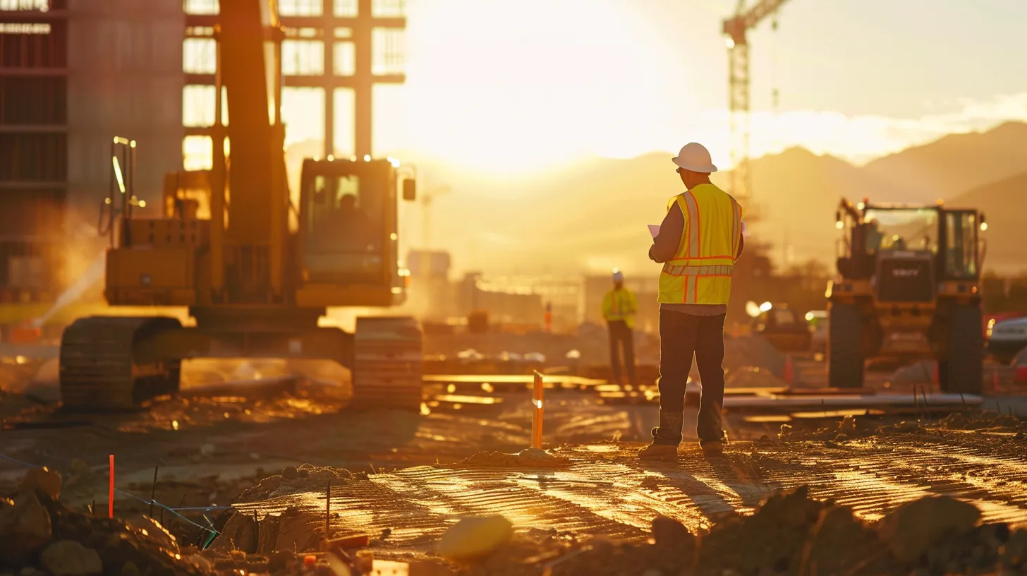 a dynamic construction site in las vegas showcases expert general contractors engaged in meticulous project management discussions, surrounded by blueprints and tools under the warm desert sun, emphasizing clear communication and collaboration.