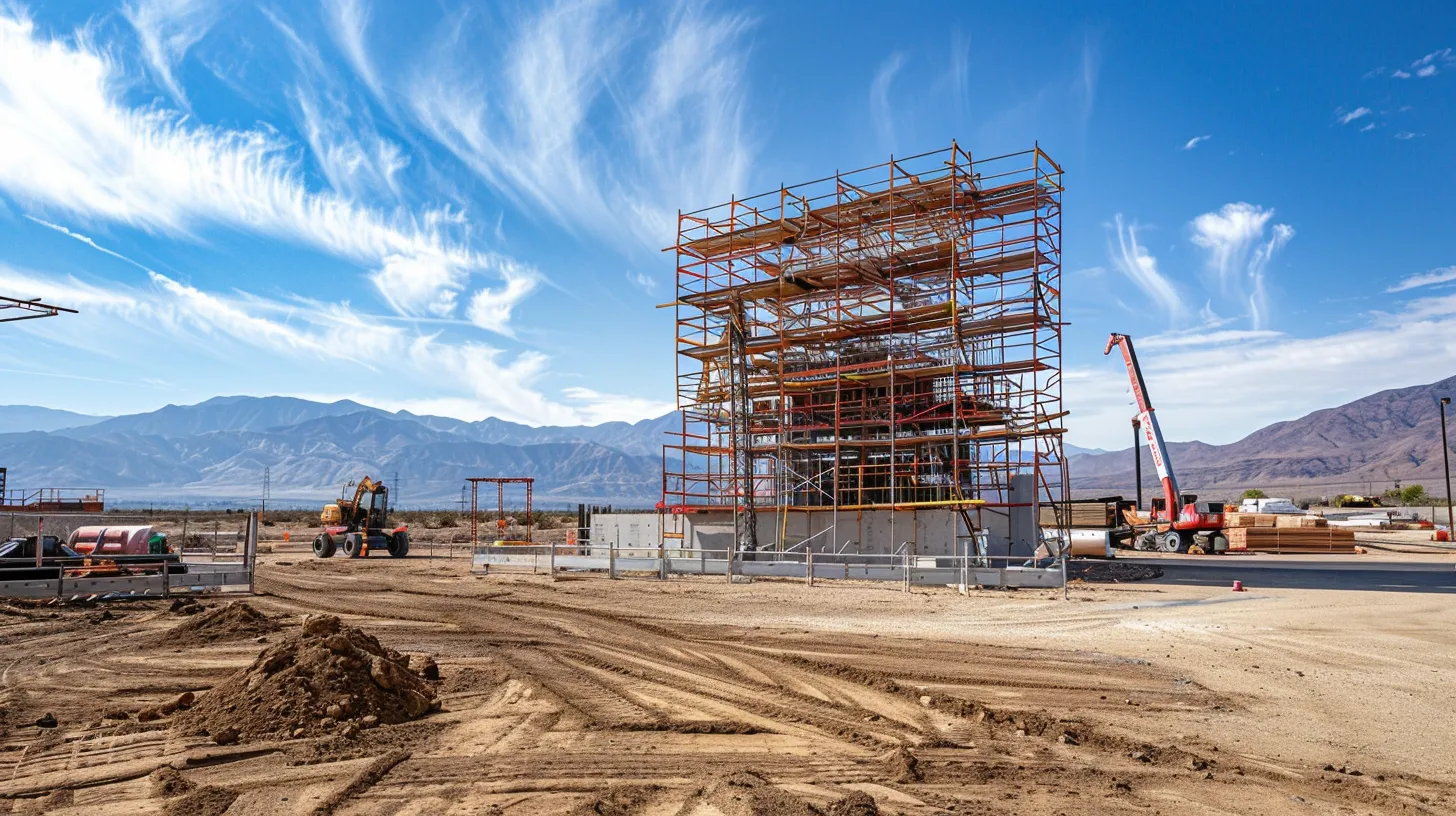 a dynamic construction site in las vegas, showcasing skilled contractors collaboratively resolving code compliance issues under the vibrant desert sun, with scaffolding and equipment visibly demonstrating the evolution of the project.