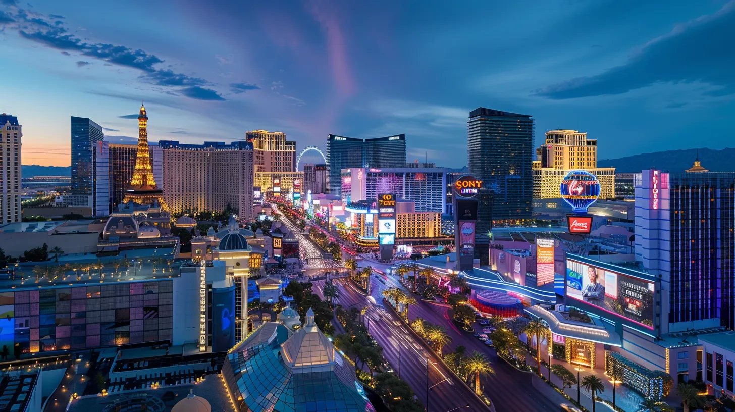 a panoramic view of a modern las vegas skyline at dusk, showcasing the architectural marvels of top general contracting firms, illuminated with vibrant colors and reflecting a spirit of innovation and reliability in home renovation.