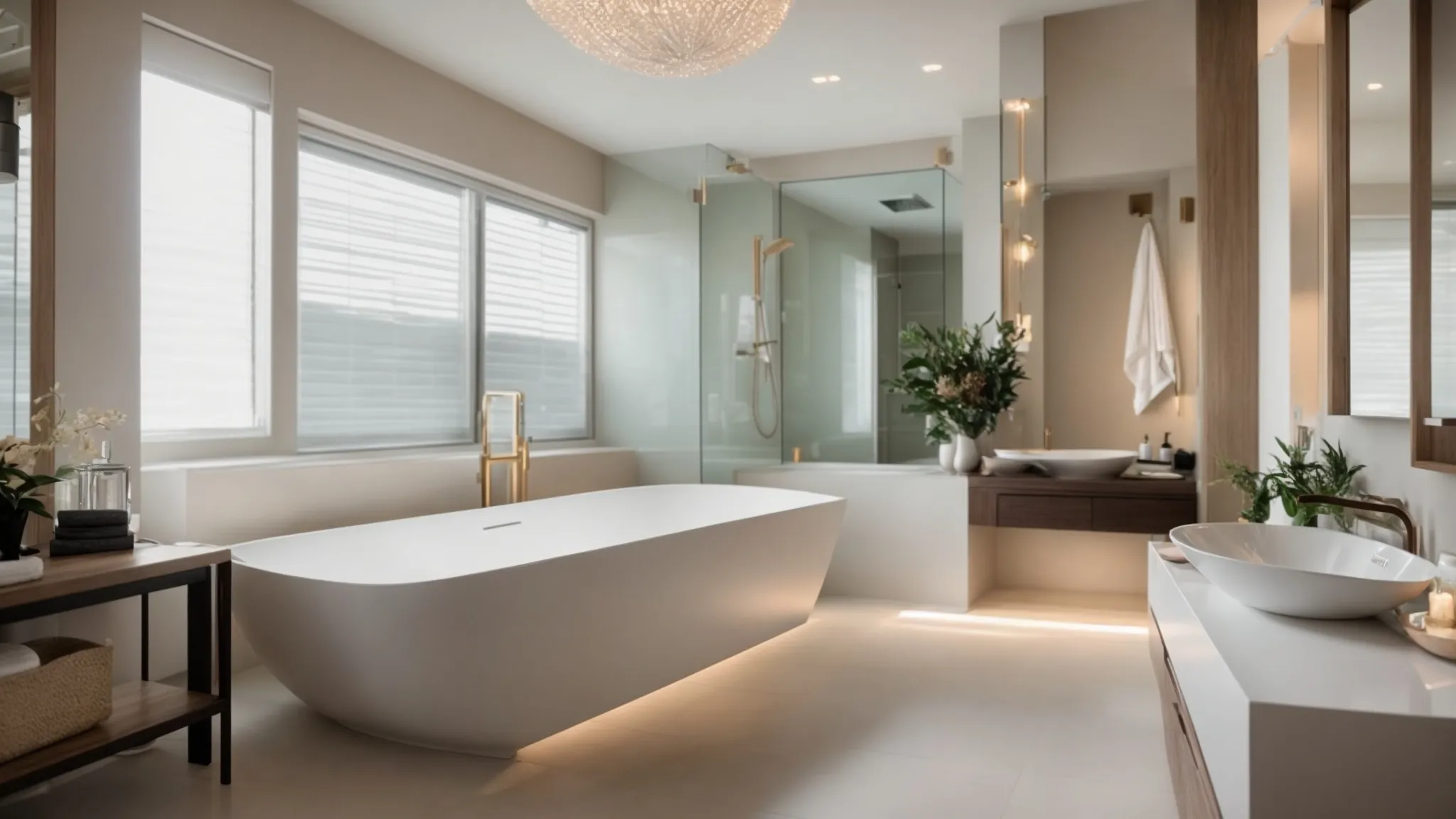 a beautifully remodeled bathroom, showcasing sleek modern fixtures, elegant finishes, and soft, ambient lighting that highlights the transformation and functionality of the space. a beautifully remodeled bathroom, showcasing sleek modern fixtures, elegant finishes, and soft, ambient lighting that highlights the transformation and functionality of the space.