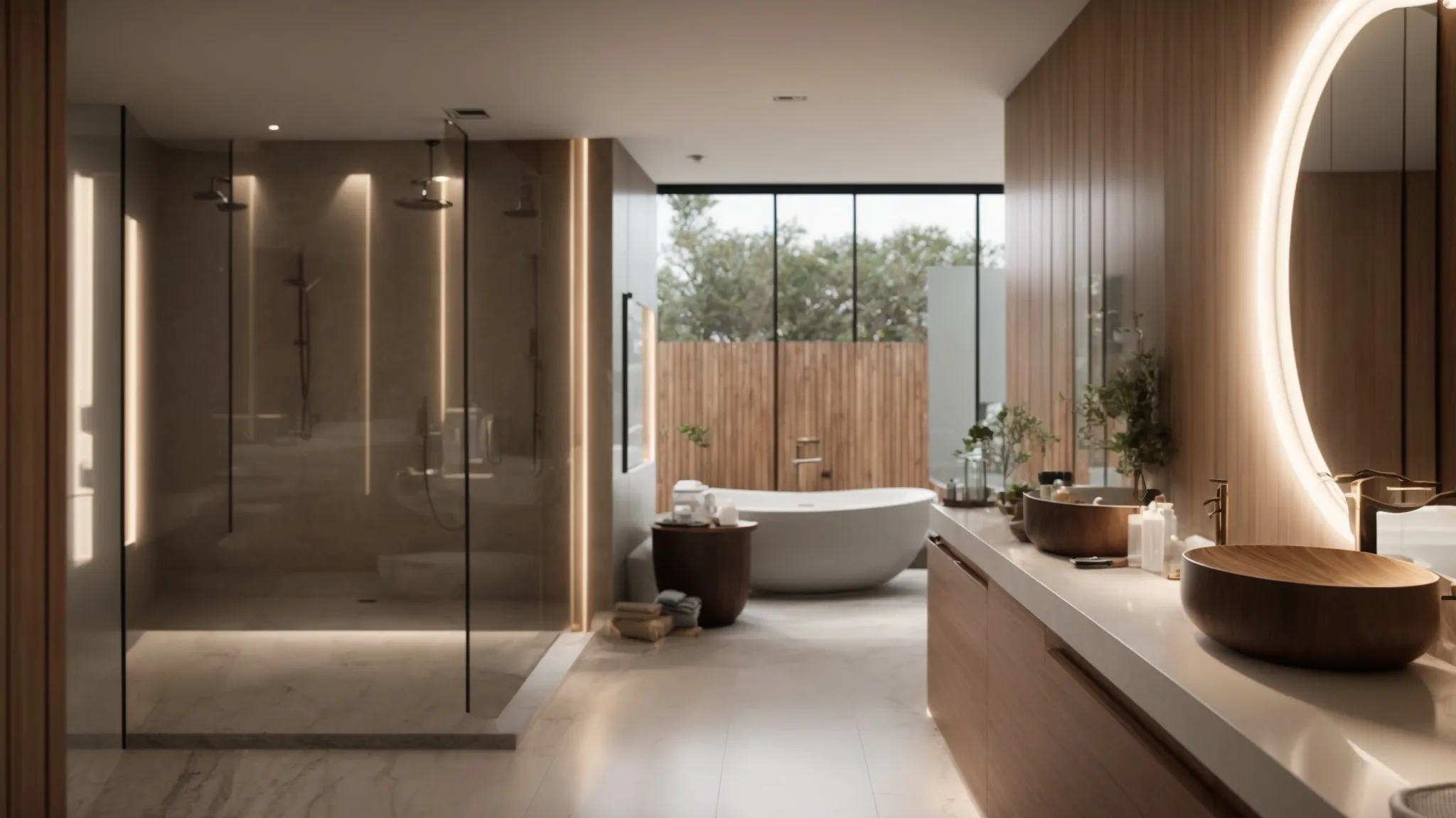 a luxurious bathroom retreat showcases a spacious walk-in shower with elegant glass walls, a modern floating vanity adorned with chic storage solutions, and warm, ambient lighting that invites relaxation. a luxurious bathroom retreat showcases a spacious walk-in shower with elegant glass walls, a modern floating vanity adorned with chic storage solutions, and warm, ambient lighting that invites relaxation.