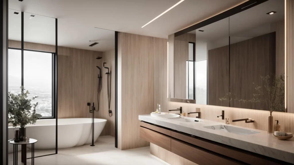 a sleek and modern bathroom showcases a stunning renovation, featuring elegant fixtures, stylish tile work, and a luxurious atmosphere that embodies the essence of contemporary bath remodeling excellence.