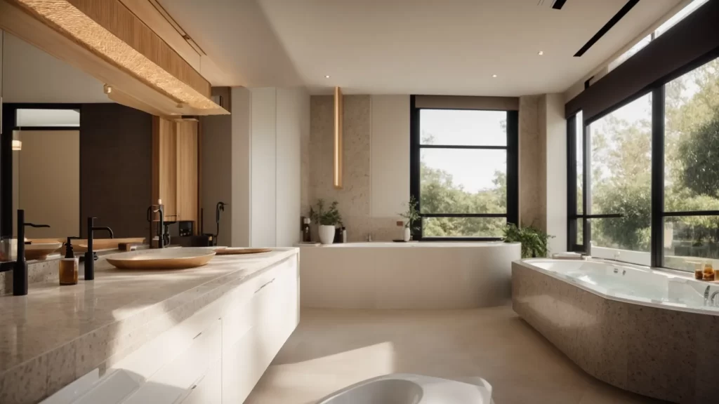 a beautifully remodeled bathroom featuring a luxurious hot tub surrounded by elegant tiles and soft, ambient lighting, showcasing high-quality craftsmanship and attention to detail.