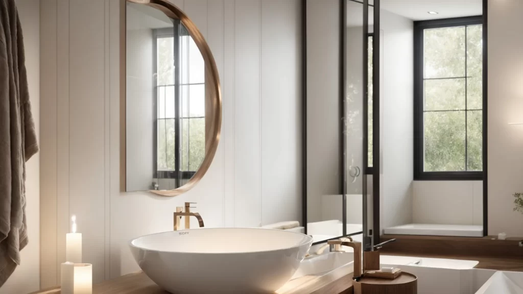 a beautifully renovated bathroom showcases sleek, modern fixtures and elegant tiles, illuminated by soft, natural light filtering through a frosted window, embodying the essence of a perfect remodel.