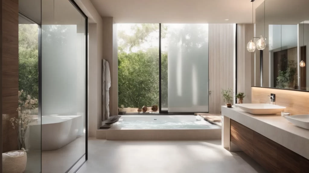 an inviting, modern bathroom showcases elegant fixtures and soft natural light filtering through frosted glass, inviting viewers to envision an ideal remodel while emphasizing the importance of authentic client reviews.