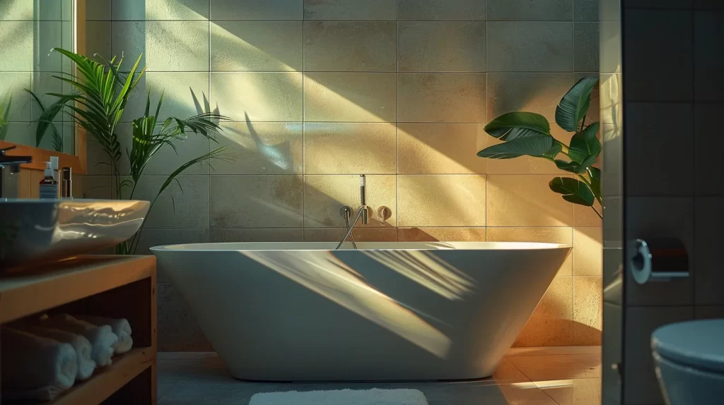 a beautifully renovated bathroom featuring elegant fixtures, modern tiles, and soft natural light streaming through a frosted window, inviting a sense of tranquility and sophistication.