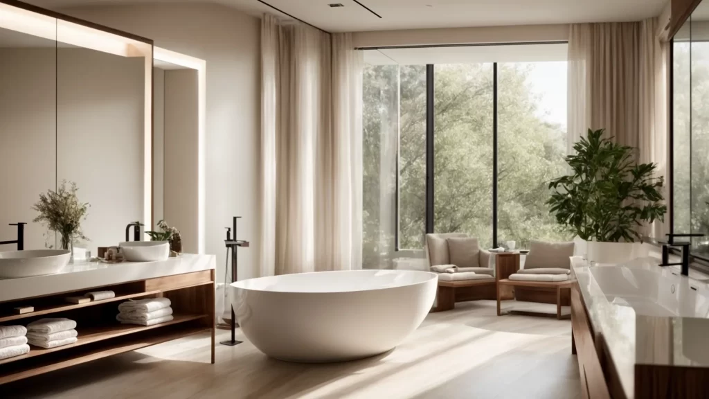 a beautifully designed bathroom showcases modern elegance with sleek fixtures, a spacious layout featuring a freestanding tub, and warm lighting that highlights the luxurious materials used in the remodel.