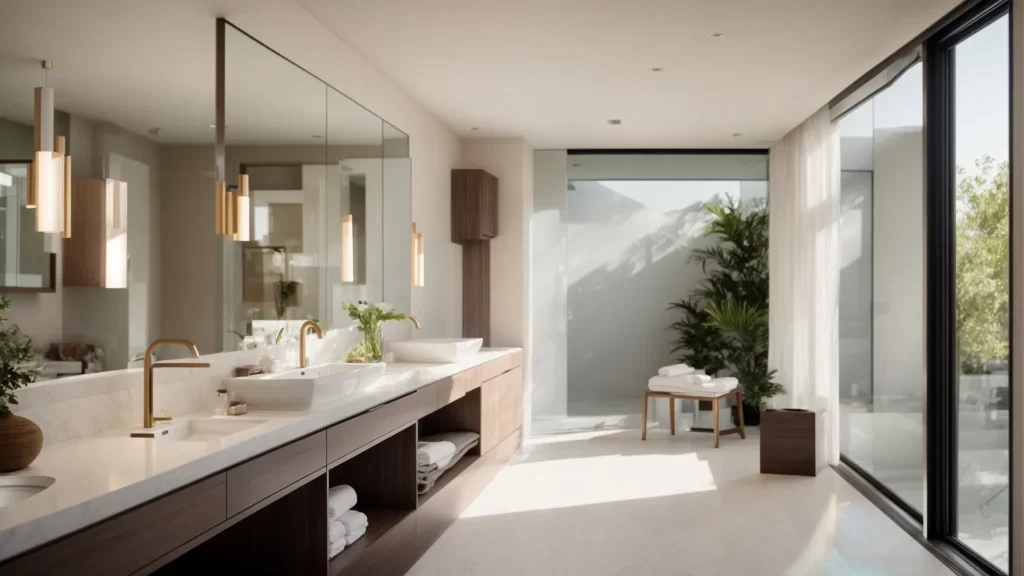 a bright and inviting bathroom consultation space, featuring elegant design samples and a large modern layout plan, illuminated by soft natural light streaming through a nearby window, capturing the essence of a transformative remodel experience.