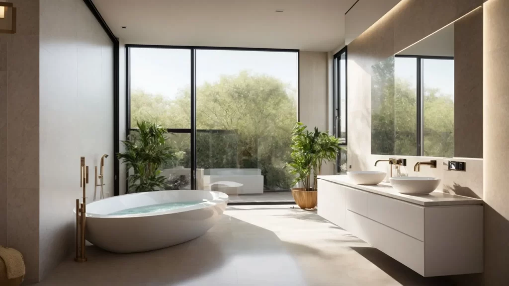 a modern, elegantly designed bathroom showcases sleek fixtures and sophisticated tile work, illuminated by soft, natural light filtering through a frosted window, conveying a sense of tranquility and professionalism ideal for remodeling inspiration.