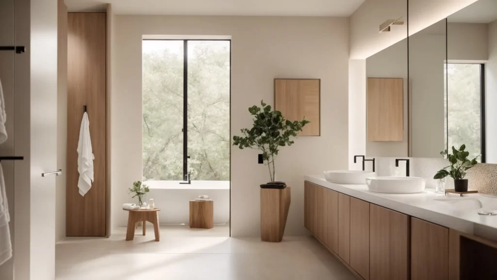 a serene and modern bathroom remodel consultation scene, showcasing a stylishly designed bathroom featuring soothing neutral tones and elegant fixtures, as thoughtful homeowners discuss their vision with an experienced consultant.