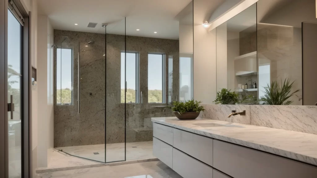 a beautifully designed bathroom featuring luxurious granite surfaces, showcasing a blend of modern and traditional aesthetics, illuminated by soft natural light streaming through a large window, emphasizing the craftsmanship of trusted local remodeling experts.