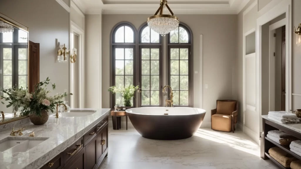 a beautifully remodeled bathroom showcasing elegant fixtures and luxurious cast iron accents, illuminated by soft natural light that highlights the meticulous craftsmanship and inviting atmosphere, symbolizing homeowner satisfaction and expert craftsmanship.