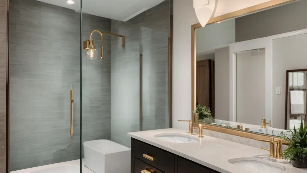 a beautifully renovated bathroom showcases elegant fixtures and modern lighting, with a side-by-side comparison of vibrant quote documents from various licensed remodeling experts displayed prominently on a sleek countertop.