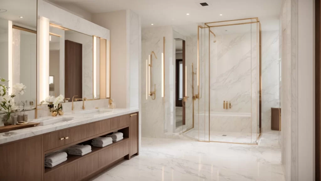 a luxurious bathroom renovation showcases elegant marble finishes and high-quality fixtures under ambient lighting, highlighting the expertise of a skilled contractor in creating a stunning yet functional space.