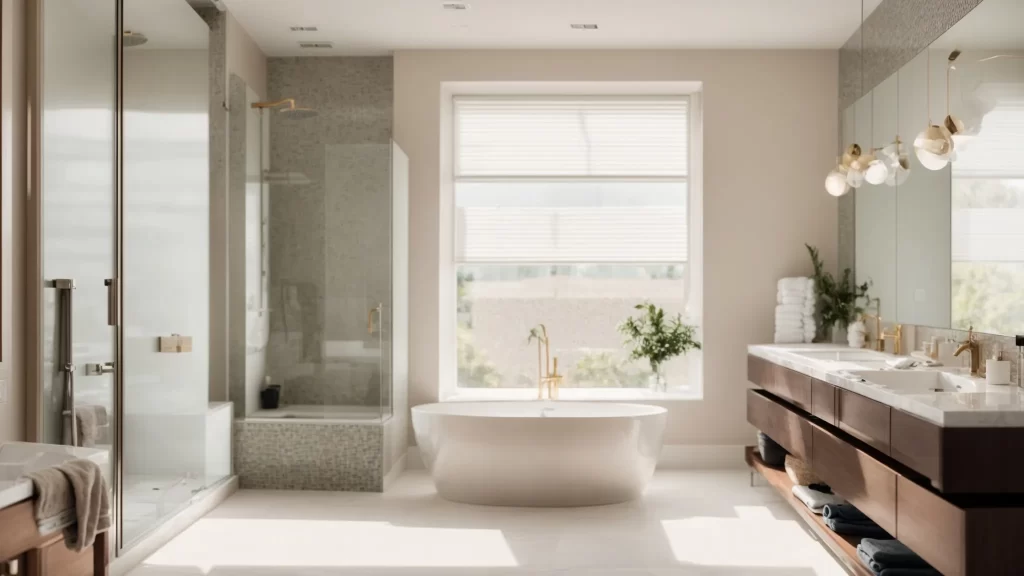 a modern, elegantly remodeled bathroom featuring pristine tiles, stylish fixtures, and abundant natural light, symbolizing the high standards and safety ensured by hiring licensed remodeling professionals.