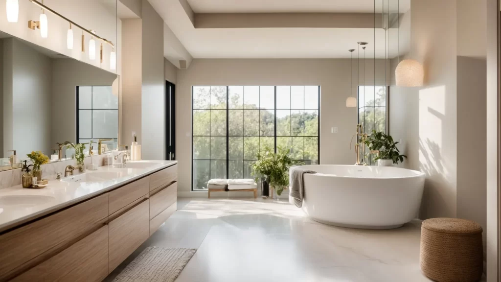 a serene and elegantly designed bathroom, illuminated by soft natural light, showcases high-quality fixtures and inviting textures, reflecting the perfect blend of personal style and functional design in a remodeling project.
