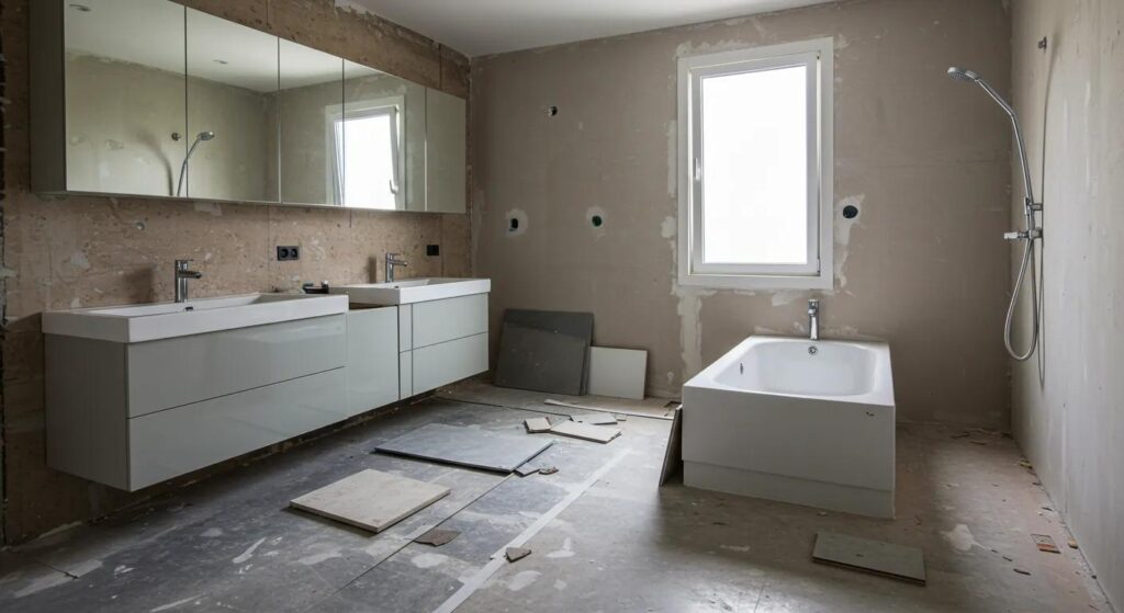 a modern bathroom under renovation showcases sleek, unfinished fixtures and materials laid out on a polished floor, highlighting the complexities and costs associated with a bath remodel project.