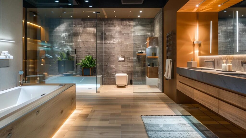 a modern, sleek bathroom showcasing luxurious fixtures and elegant design elements, set against a backdrop of a professional interior design consultation in a stylish office, emphasizing the collaboration between clients and remodel companies.