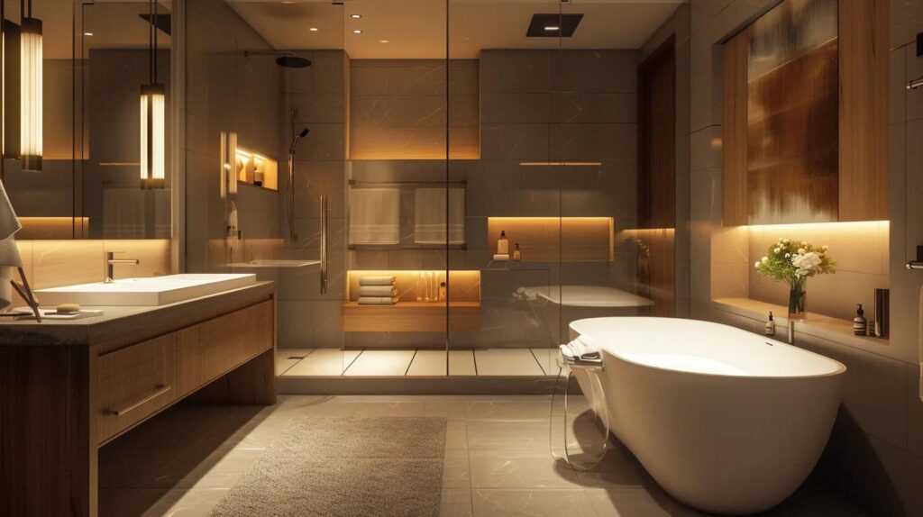 a sleek and modern bathroom remodel showcases premium materials like polished stone countertops and elegant fixtures, illuminated by soft, ambient lighting to highlight the clean lines and luxurious finishes.