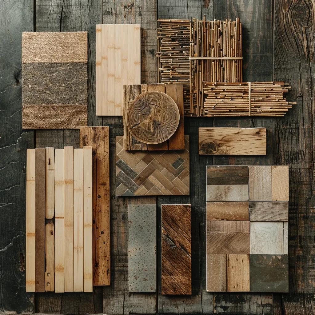 Display of sustainable building materials including reclaimed wood and bamboo for office renovations