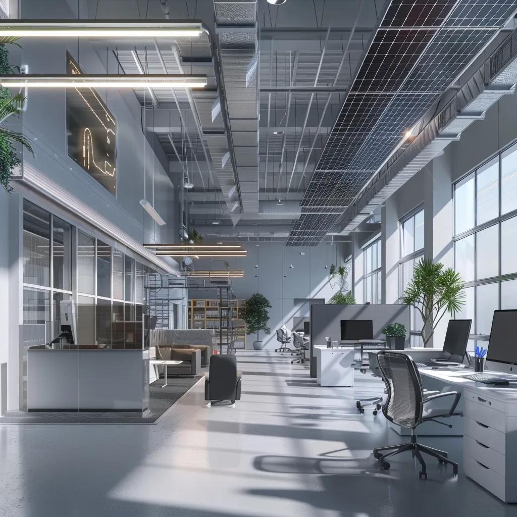 Energy-efficient office technologies including LED lighting and solar panels in a modern workspace