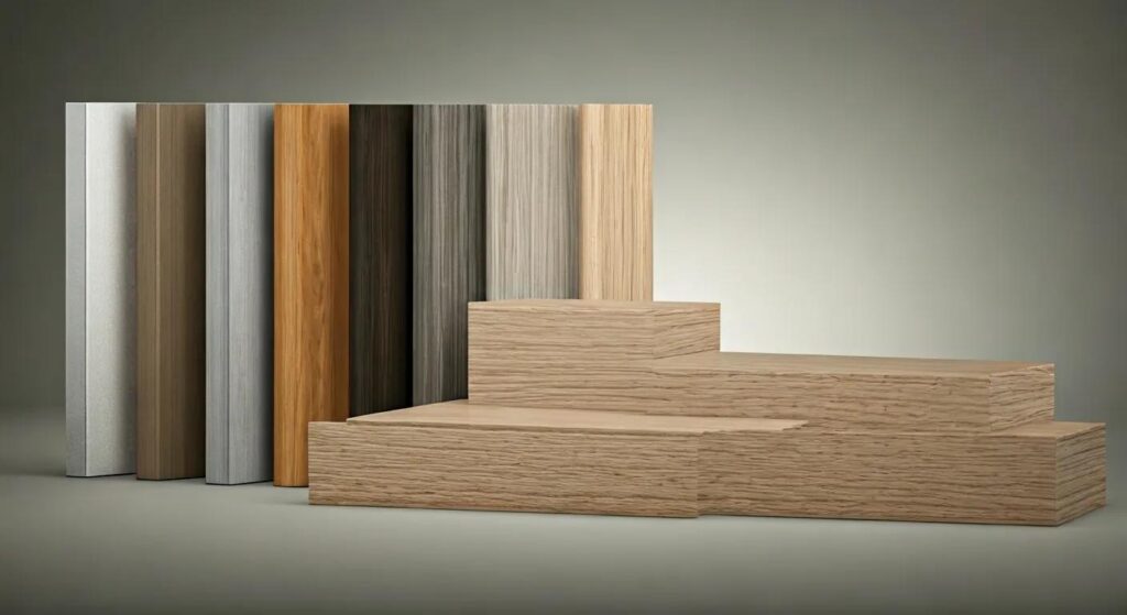 Variety of kitchen cabinet materials including solid wood, plywood, and laminate showcasing their textures and finishes