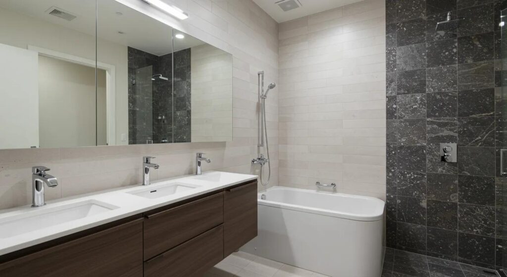 a sleek and modern las vegas bathroom display showcases luxurious remodels, featuring premium fixtures, elegant tile work, and innovative lighting that highlight the craftsmanship of the best bath remodel companies.