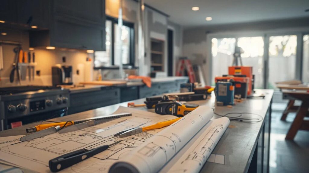 A1 Constuction and Remodeling Las Vegas | Innovative Kitchen Renovations Transform Las Vegas Interior Design a focused interior shot of a modern kitchen undergoing renovation, showcasing blueprints and permit paperwork prominently displayed on a sleek countertop, with construction tools and safety gear arranged in the background to emphasize the importance of compliance and safety in the renovation process.