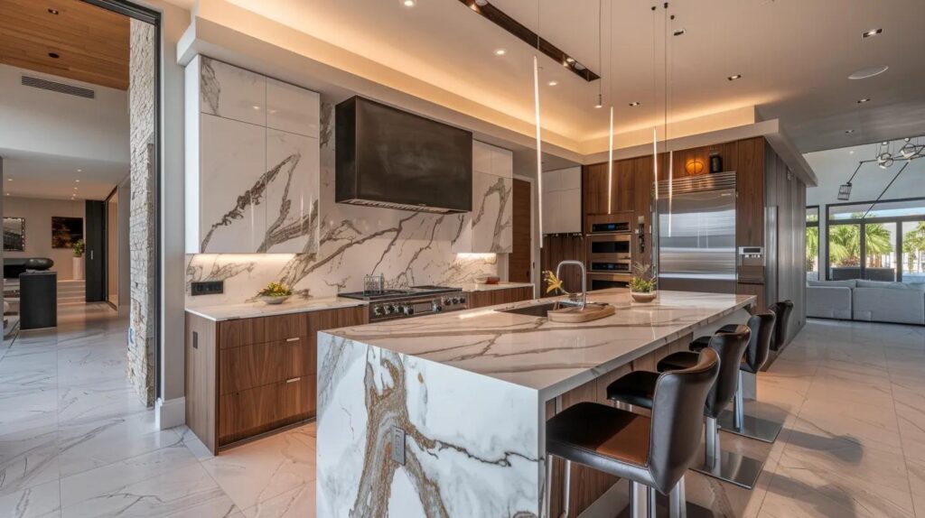 a luxurious, modern las vegas kitchen showcases impeccable craftsmanship with sleek marble countertops, designer appliances, and ambient lighting, highlighting the elegance of premium materials in high-end remodeling.