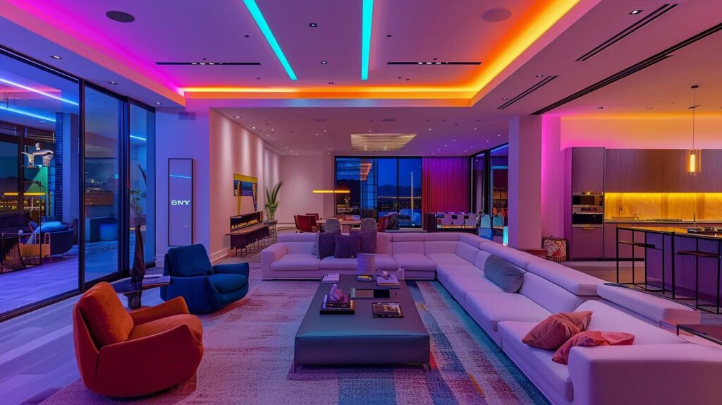 a modern las vegas interior showcasing sleek home remodeling trends of 2023, featuring a stylish open-concept living space with bold geometric furniture, smart home technology, and vibrant color accents under dramatic overhead lighting.