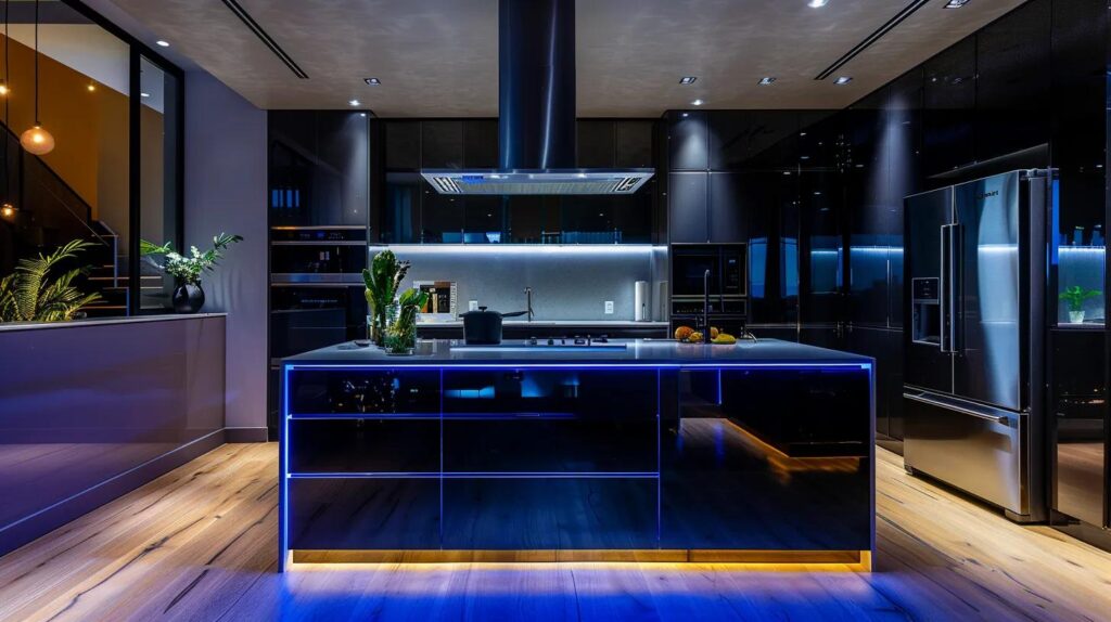 A1 Constuction and Remodeling Las Vegas | Innovative Kitchen Renovations Transform Las Vegas Interior Design a modern las vegas kitchen showcases sleek, minimalist cabinetry and cutting-edge smart appliances, illuminated by dramatic led lighting that accentuates the sophisticated blend of durable stone countertops and innovative, space-saving storage solutions.