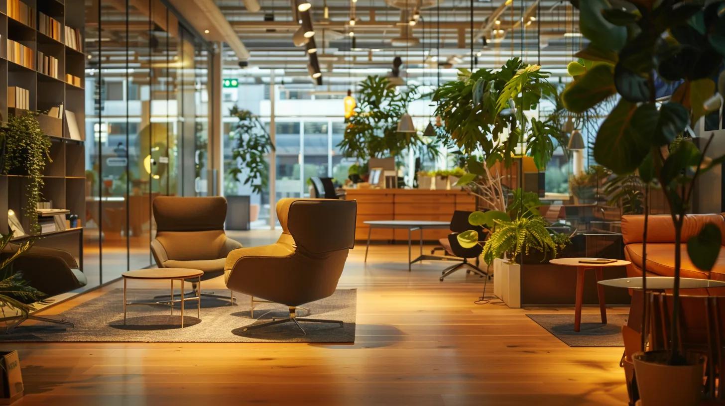 A1 Constuction and Remodeling Las Vegas | The Role of Sustainable Building Materials in Office Design a modern office interior showcases sleek, sustainably sourced furniture and innovative eco-friendly design elements, bathed in warm, ambient lighting that emphasizes the beauty of responsible craftsmanship.