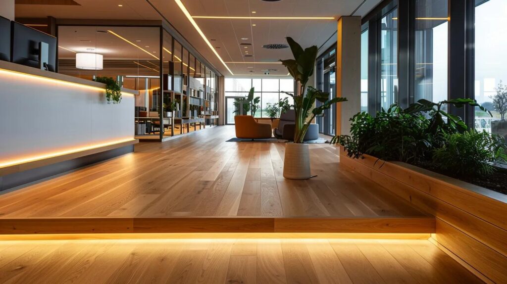 a modern office interior showcases an inviting atmosphere with elegant sustainable flooring, featuring stylish wooden textures and sleek design, illuminated by soft, warm lighting that highlights the eco-friendly materials.