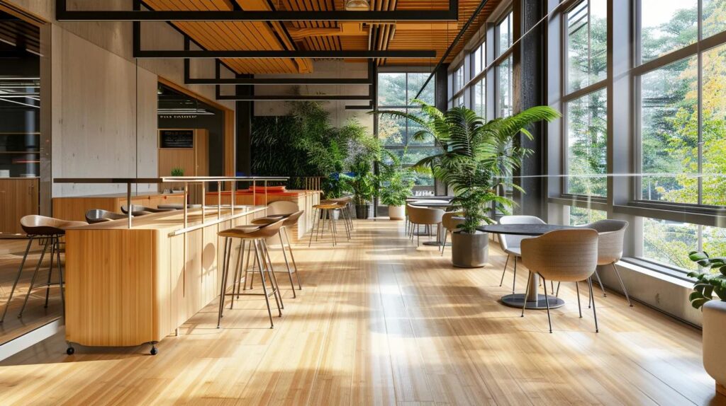 a modern, stylish office interior featuring eco-friendly materials like bamboo flooring and recycled furniture, with large windows allowing vibrant artificial lighting to enhance the sustainable design, emphasizing efficiency and indoor air quality.