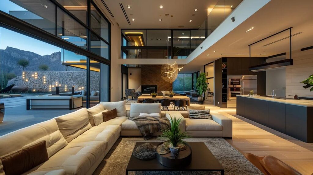a modern, stylish open-concept living space in las vegas, showcasing sleek design elements, smart home technology, and eco-friendly materials, all bathed in warm, inviting light to highlight the urban chic aesthetic.