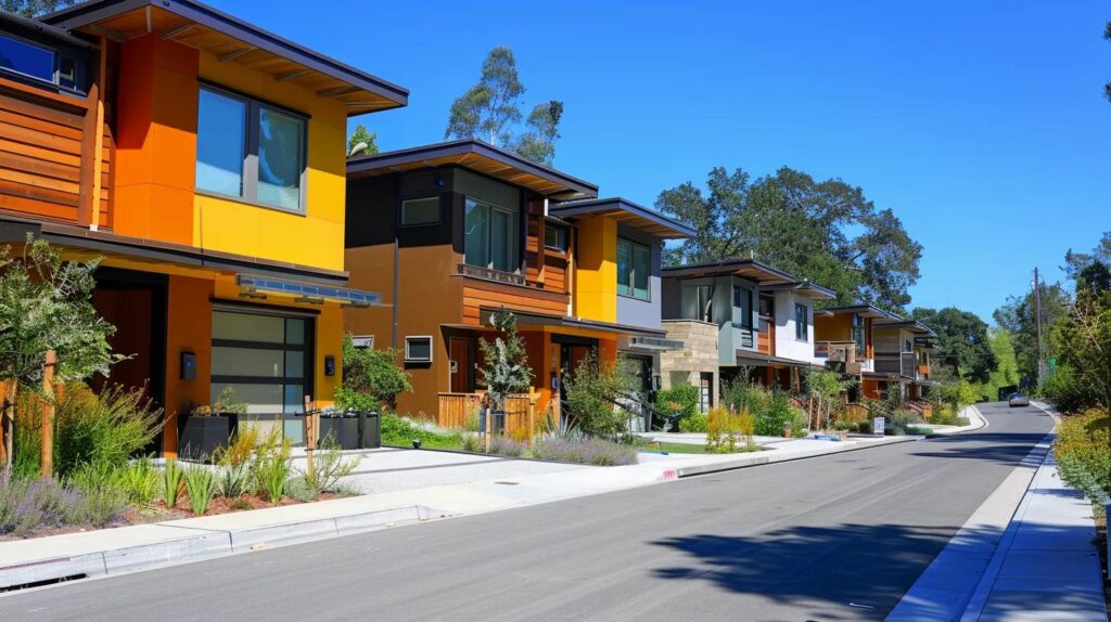 a modern urban neighborhood showcases a row of beautifully renovated eco-friendly homes, featuring vibrant, energy-efficient materials and innovative designs that harmonize sustainability with contemporary architecture under bright, clear skies.