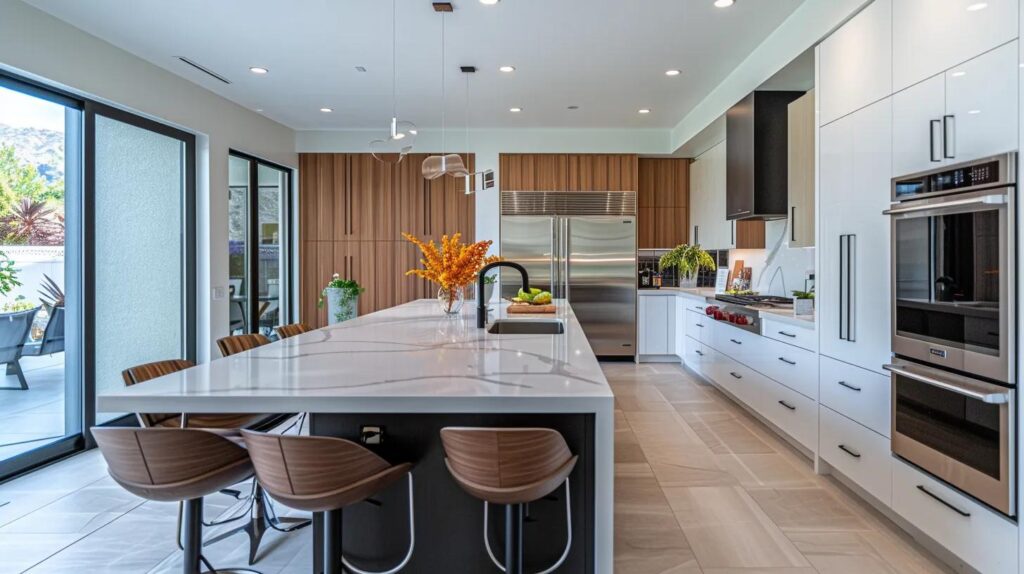a sleek, modern interior of a las vegas home is prominently displayed, showcasing a stylish kitchen remodel with energy-efficient appliances and elegant finishes, emphasizing the smart blend of luxury and functionality for homeowners considering cost and roi in their renovation projects.