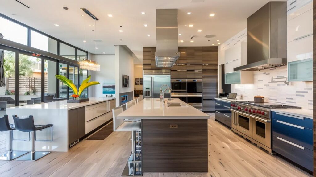 a sleek, modern kitchen featuring innovative design elements, vibrant colors, and high-end appliances, set against the backdrop of a contemporary las vegas home, exuding sophistication and style.
