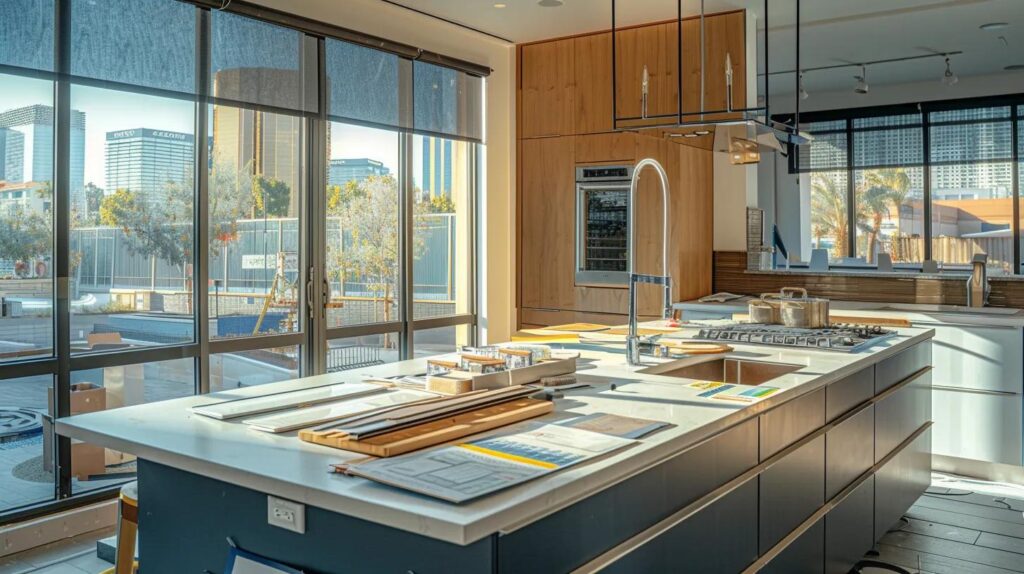 A1 Constuction and Remodeling Las Vegas | Innovative Kitchen Renovations Transform Las Vegas Interior Design a sleek, modern kitchen in the middle of renovation showcases a dynamic contrast of open design plans, scattered construction tools, and vibrant color swatches pinned to a well-organized project board, all set against a backdrop of las vegas urban architecture.