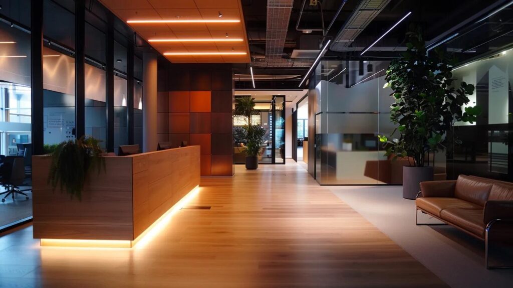 a sleek, modern office interior featuring innovative recycled acoustic panels and advanced smart led lighting, showcasing a vibrant workspace that emphasizes comfort and energy efficiency.