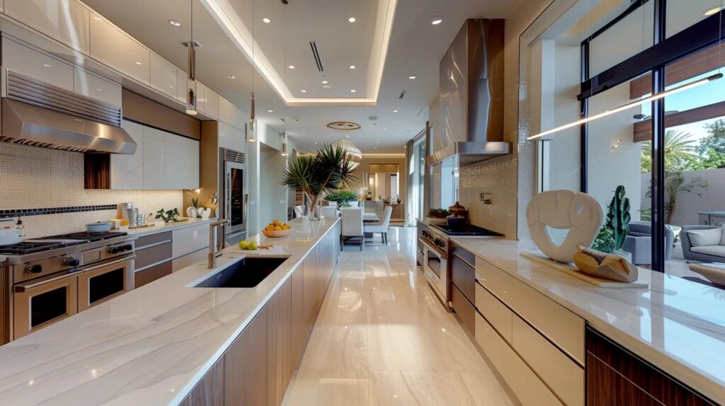 a stunning modern kitchen showcases sleek, open layouts with luxurious finishes and state-of-the-art appliances, while adjacent, a bathroom features a tranquil spa-like ambiance with contemporary fixtures, embodying the elegant remodeling trends of las vegas.