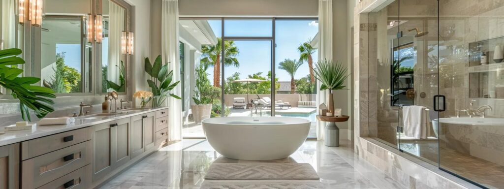 a luxurious, modern bathroom featuring sleek finishes, elegant fixtures, and an abundance of natural light, designed to evoke the serene ambiance of a high-end las vegas resort.