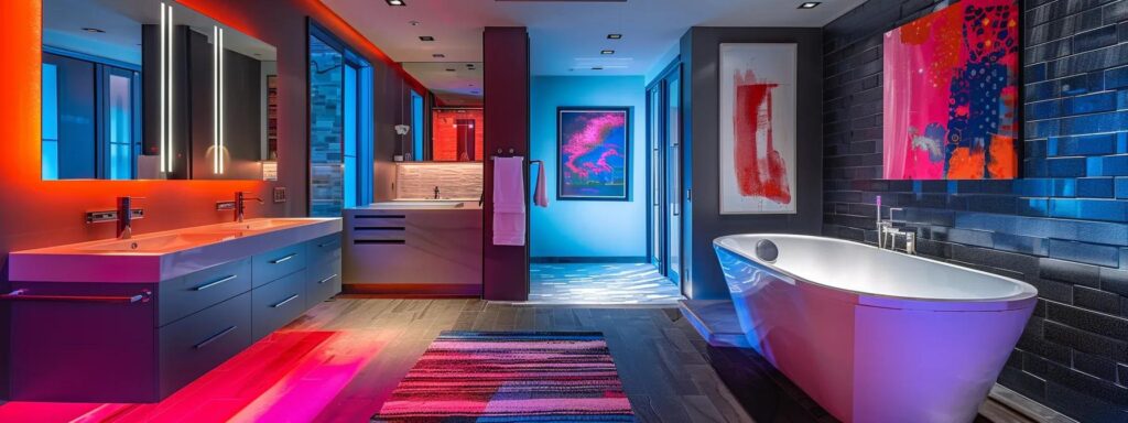 a modern, chic bathroom renovation scene in las vegas, showcasing sleek fixtures, contemporary tiles, and vibrant accent colors under bright artificial lighting to highlight the high-end appeal of a remodel.