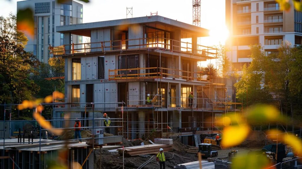 a modern construction site showcases skilled workers using advanced building technologies and high-quality materials, with a partially constructed home addition prominently highlighted against a sleek urban backdrop.