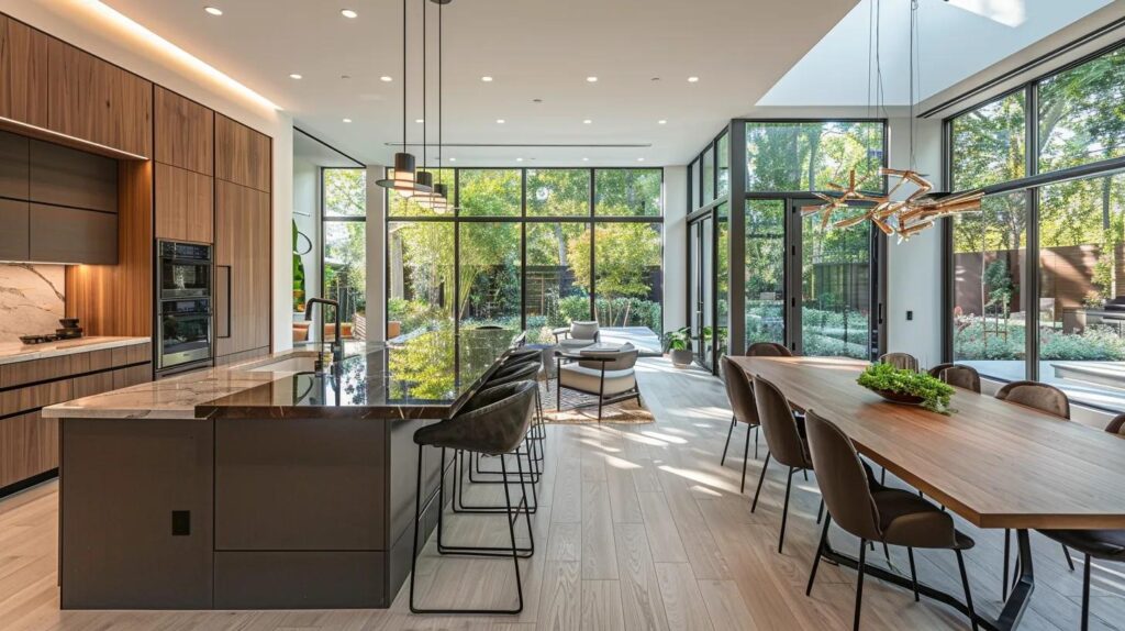 A1 Constuction and Remodeling Las Vegas | Practical Home Addition Design Tips to Maximize Space a modern home interior showcases a stylish kitchen upgrade featuring sleek cabinetry, a spacious island for dining, and an inviting living area that seamlessly blends indoor and outdoor spaces through large glass sliding doors.